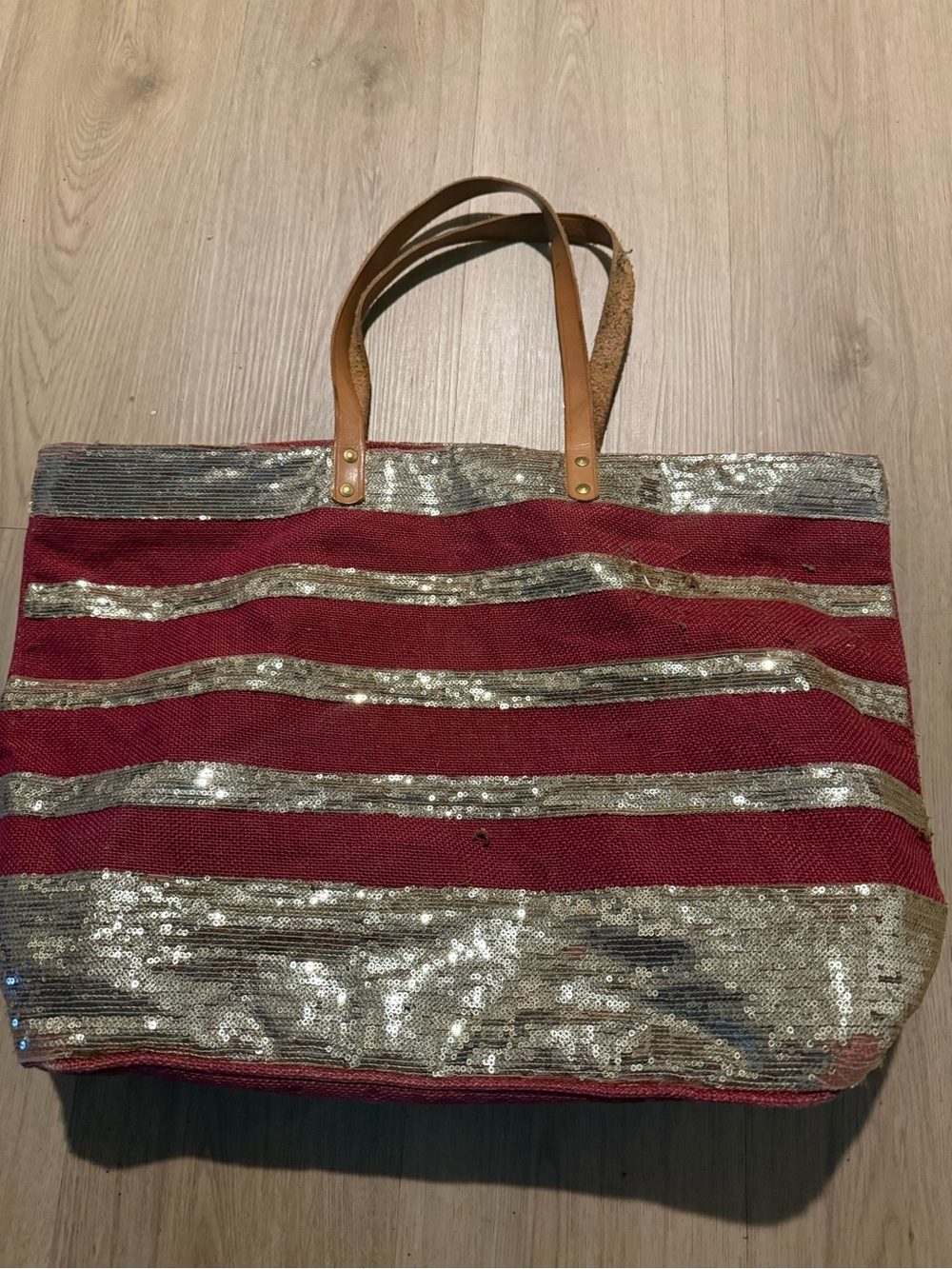 Red Sequin Stripe Tote Bag with Leather Handles